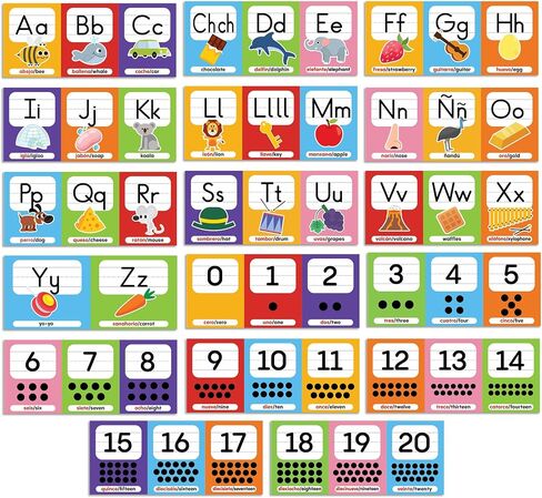 Wallbuddy 34 Pack Spanish Educational Posters for Preschoolers | 18 Educational Posters + 16 ABC 123 Learning Spanish for Kids Poster | Numbers, Animals, Fruits, Maps, Shapes Poster, White in Saudi Arabia