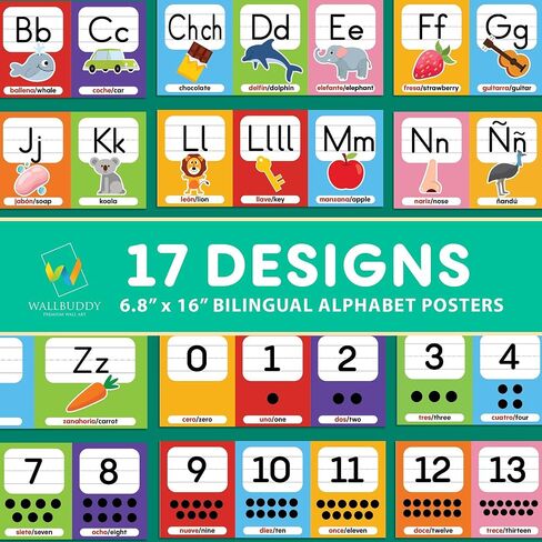 Wallbuddy 34 Pack Spanish Educational Posters for Preschoolers | 18 Educational Posters + 16 ABC 123 Learning Spanish for Kids Poster | Numbers, Animals, Fruits, Maps, Shapes Poster, White in Saudi Arabia