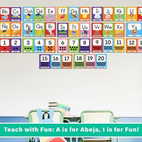 Wallbuddy 34 Pack Spanish Educational Posters for Preschoolers | 18 Educational Posters + 16 ABC 123 Learning Spanish for Kids Poster | Numbers, Animals, Fruits, Maps, Shapes Poster, White in Saudi Arabia