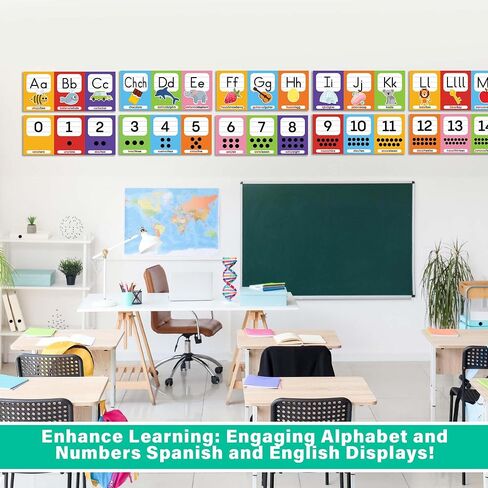 Wallbuddy 34 Pack Spanish Educational Posters for Preschoolers | 18 Educational Posters + 16 ABC 123 Learning Spanish for Kids Poster | Numbers, Animals, Fruits, Maps, Shapes Poster, White in Saudi Arabia