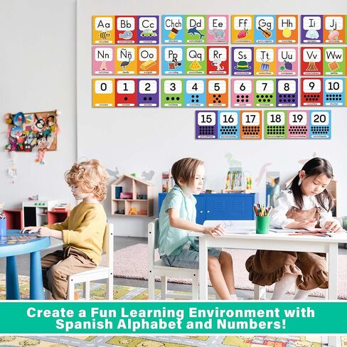 Wallbuddy 34 Pack Spanish Educational Posters for Preschoolers | 18 Educational Posters + 16 ABC 123 Learning Spanish for Kids Poster | Numbers, Animals, Fruits, Maps, Shapes Poster, White in Saudi Arabia