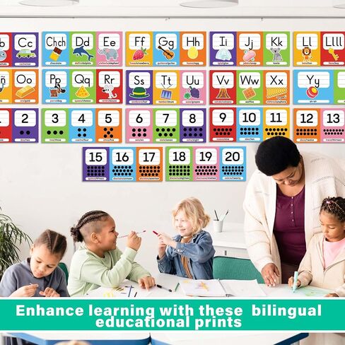 Wallbuddy 34 Pack Spanish Educational Posters for Preschoolers | 18 Educational Posters + 16 ABC 123 Learning Spanish for Kids Poster | Numbers, Animals, Fruits, Maps, Shapes Poster, White in Saudi Arabia