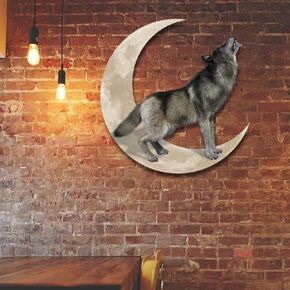 Metal Moon Wolf Wall Decor, Home Hanging Iron Art Sculpture, Suitable for Indoor and Outdoor Decoration of Lawn, Farmhouse, Terrace, Gift for Parent (Grey Wolf)