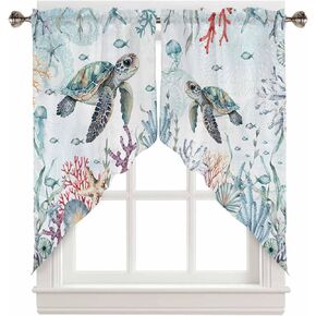 Sea Turtle Swag Valances for Windows 2 Pack, Kitchen Window Curtains 36 Inch Length, Coastal Nautical Coral Beach Starfish Swag Curtains for Living Room/Bathroom with Rod Pocket 36"x36"