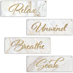 4 Pcs Bathroom Wall Decor Wooden Sign, Rustic Marble Style Bathroom Decor, Soak Relax Unwind Breathe Wooden Hanging Sign, Wall Art For Washroom Bathroom Restroom Farmhouse Decorations, A32
