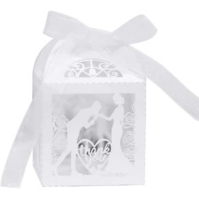 50PCS Favor Boxes, Groom and Bride Pattern Hollow Out Love Heart Wedding Favor Boxes Roses Flower Candy Boxes Wedding Baby Shower Birthday Party Thank You Gift Boxes with Ribbons, 2 x 2 x 3.15 Inch