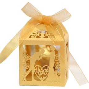 50PCS Favor Boxes, Groom and Bride Pattern Hollow Out Love Heart Wedding Favor Boxes Roses Flower Candy Boxes Wedding Baby Shower Birthday Party Thank You Gift Boxes with Ribbons, 2 x 2 x 3.15 Inch