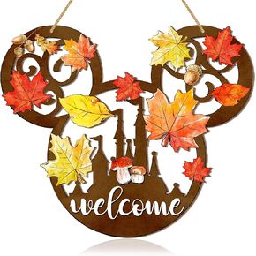 Fall Mouse Welcome Door Sign, Wooden Maple Leaves Mushroom Hanging Decor for Front Door, Fall Wood Wreath Wall Decor for Autumn Harvest Thanksgiving Home Decorations