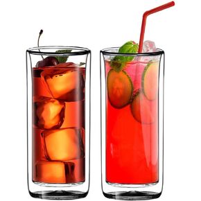 Sun's Tea (Set of 2) 20oz (600ml) Ultra Clear Strong Double Wall Insulated Thermo Glass Tumbler V3 Highball Glass for Beer/cocktail/lemonade/iced Tea/Smoothie (Real Borosilicate Glass, Not Plastic)