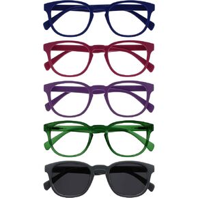 OPULIZE Pop 5 Pack Reading Glasses With Sun Reader Retro Blue Pink Purple Green Grey Mens Womens RRRRS2-34567