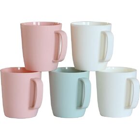 Coffee Mugs Set of 5, Plastic Coffee Cups Set, 10 Ounce Unbreakable Coffee Mug Plastic with Handle, 3 Basic Colors, Plastic Mug Dishwasher Safe