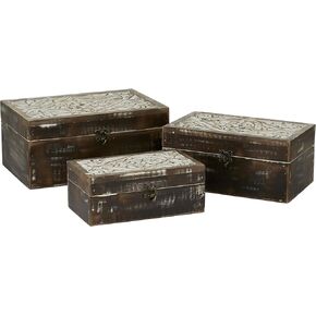 Deco 79 Wood Floral Handmade Decorative Box Decorative Keepsake Boxes with Hinged Lid, Set of 3 Storage Boxes 12", 11", 9"W, Brown