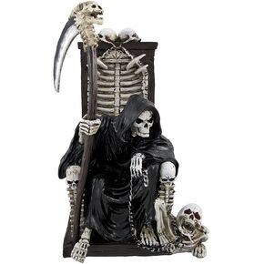 DWK - Dark Master - Grim Reaper Skeleton on Throne with Pet and Scythe Collectible Gothic Fantasy Figurine Statue Halloween Death Sculpture Home Décor Accent, 10-inch