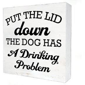 Toilet Quote Wooden Box Sign with Saying Desk Decor 5 x 5 Inch Put the Lid Down the Dog Box Sign Wood Plaque Block Sign Rustic Home Guest Bathroom Toilet Decor