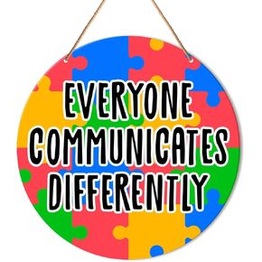 Muktoujaumai Autism Awareness Sign Decor, Autism Hanging Sign Decor Wall Decorations Wood Sign for Door, Home, Classroom, Gift for Autism Family Mom, Everyone Communicate Differently