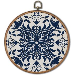 KSDUT Navy Blue Flowers Wall Art Decor - Boho Chinoiserie Flower Textile Wall Art Canvas Frame Hanging Prints, Botanical Wall Art Decor for Grandmillennial Home Bedroom Decorations 8"x8"