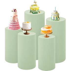 Set of 5 Spandex Cylinder Pedestal Stand Covers Beige Round Cylinder Plinth Display Box Stand Covers, Pillar Covers for Party Wedding Baby Shower Birthday Event Decor (Cylinder Stands Not Included)