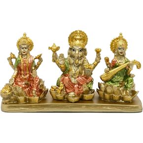 Hindu Lakshmi Ganesha Saraswati Statue - Laxmi Ganesh Idol for Car Dashboard Decor Home Temple Mandir Pooja Item Indian Puja Item Diwali Gift Meditation Yoga Altar Decoration