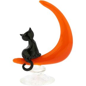 Glass Of Venice Murano Glass Cat On The Moon Statue 5" Handmade Italian Black Kitten Figurine Sculpture