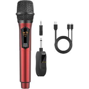 Aveek Wireless Microphone for Karaoke, Rechargeable Wireless Microphones with Dual Channel Receiver, 2.4GHz Dynamic Microphone for Karaoke Singing, Speech, Wedding, Church, Grey&Red, 2 Packs
