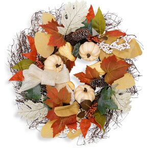 XmasExp Fall Wreath for Front Door-Fall Decorations for home-18 Inch Autumn Wreath Maple Leaf Yellow Pumpkin Pine Cone Wreath, Neutral Fall Decor for Thanksgiving Farmhouse Harvest Outdoor Indoor