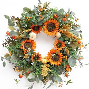 24 Inch Fall Wreaths for Front Door- Large Sunflower Pumpkin Autumn Wreath Indoor Outdoor Fall Door Wreath Farmhouse Fall Eucalyptus Wreath for Home Wall Harvest Thanksgiving Wreath Decor