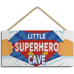Little Superhero Cave Hanging Sign Wooden, Boys Superhero Lover Room Door Decorations Accessories, Superhero Plaques Wall Decor for Boys Kids Bedroom Playroom Nursery