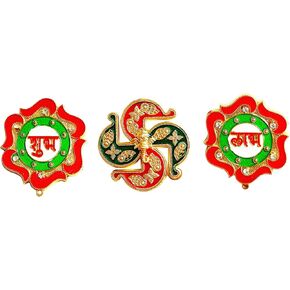 TrendBell Meenakri تصميم زهرة حمراء Diwali Shubh Labh مع ملصقات Swastikk Ganesha عنصر لديكور Diwali Indian Puja والزفاف والمهرجانات من الأكريليك Diwali Rangoli ديكور الأرضيات والمكتب in Kuwait