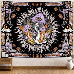 Lifeella Purple Mushroom Tapestry, Hippie Eyes Floral Leaves Moon Phase Tapestries for Bedroom Grunge Wall Hanging 44×60 inch