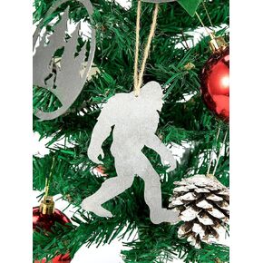 CINPIUK 4Pcs Bigfoot Christmas Ornament Metal Sasquatch Sign Hanging Christmas Tree Decor with Burlap Ribbon