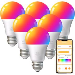TJOY 6 حزمة لمبات الإضاءة الذكية، لمبة LED تعمل بتقنية Bluetooth WiFi تعمل مع Alexa ومساعد Google، مصابيح تغيير اللون RGB، مزامنة الموسيقى، 9W (ما يعادل 60W)، A19 E26 800LM، 2.4 جيجا هرتز WiFi فقط