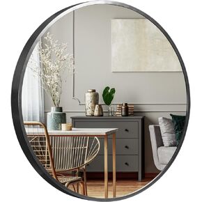 NeuType Round Mirror Circle Mirror 24 Inch Aluminum Alloy Frame Wall Mirror Large Vanity Hanging Decorative Mirrors for Entryway, Bathroom, Bedroom, Living Room, Black