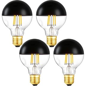 E26 Half Black Light Bulb 6W Dimmable LED Edison Bulb(60W Equivalent) G25 Globe Shape E26 LED Bulb Half Chrome Reflected Light 3000K Soft White Pack of 4.