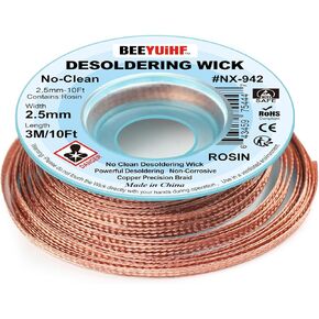No Clean Desoldering wick Braid, No residue Solder wick Braid with Flux, Solder Remover wire Kit, Cable Remover Tool Solder Sucker,w 0.10'' L 9.8' (Pack of 1Pcs) #NX942