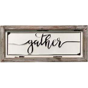 DeliDecor Gather - 12" X 5" Wooden Signs Wall Decor Rustic Embossed Retro Metal and Wood Framed Sign Modern Farmhouse Wall Hanging Art Gather Sign Home Decor