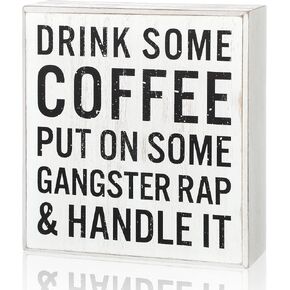 Drink Some Coffee Box Sign Wood Box Sign Funny Coffee Bar Signs Wood Farmhouse Coffee Wall and Tabletop Decoration for Home Housewarming Coffee Bar (Chic Color)
