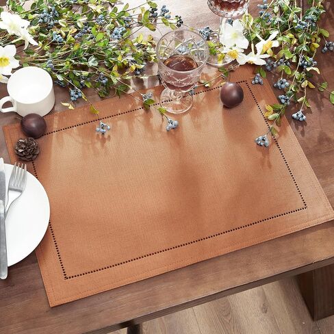 Elrene Home Fashions Alison Eyelet Border Design القماش مفرش أطباق، مجموعة من 4، 13 بوصة × 19 بوصة، تيراكوتا in Saudi Arabia