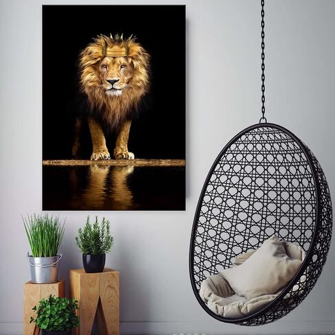 Lion Animal Canvas Print Wall Art Honorable and confident With Crown Black and Gold Framed and Stretched Pictures for Living Room Bedroom Home Office Wall Decor Artwork,Bedroom Decor for Men Gift in Saudi Arabia