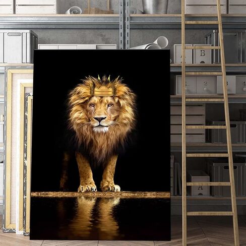 Lion Animal Canvas Print Wall Art Honorable and confident With Crown Black and Gold Framed and Stretched Pictures for Living Room Bedroom Home Office Wall Decor Artwork,Bedroom Decor for Men Gift in Saudi Arabia
