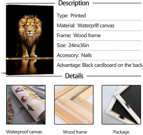 Lion Animal Canvas Print Wall Art Honorable and confident With Crown Black and Gold Framed and Stretched Pictures for Living Room Bedroom Home Office Wall Decor Artwork,Bedroom Decor for Men Gift in Saudi Arabia