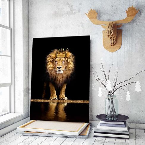 Lion Animal Canvas Print Wall Art Honorable and confident With Crown Black and Gold Framed and Stretched Pictures for Living Room Bedroom Home Office Wall Decor Artwork,Bedroom Decor for Men Gift in Saudi Arabia