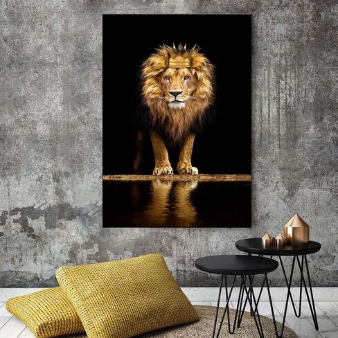 Lion Animal Canvas Print Wall Art Honorable and confident With Crown Black and Gold Framed and Stretched Pictures for Living Room Bedroom Home Office Wall Decor Artwork,Bedroom Decor for Men Gift in Saudi Arabia