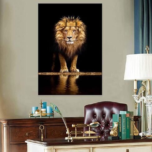 Lion Animal Canvas Print Wall Art Honorable and confident With Crown Black and Gold Framed and Stretched Pictures for Living Room Bedroom Home Office Wall Decor Artwork,Bedroom Decor for Men Gift in Saudi Arabia