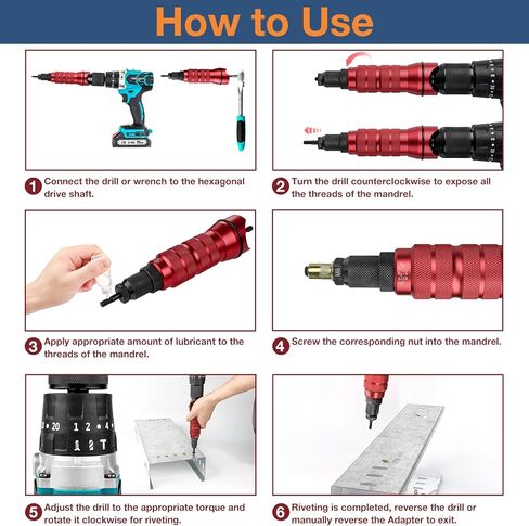 محول مسدس برشام كهربائي للمثقاب اللاسلكي، طقم محول مثقاب برشام بما في ذلك M3 M4 M5 M6 M8 M10 1/4-20 8-32 10-24 10-32، أداة صامولة برشام لاسلكية مع حقيبة حمل in Kuwait