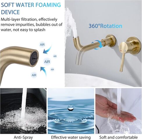 Wall Mount Bathroom Faucet Brushed Gold Bathroom Faucet Bathroom Sink Faucet with Single Handle and Rough in Valve Included in Saudi Arabia