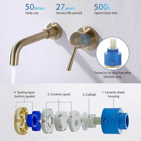 Wall Mount Bathroom Faucet Brushed Gold Bathroom Faucet Bathroom Sink Faucet with Single Handle and Rough in Valve Included in Saudi Arabia
