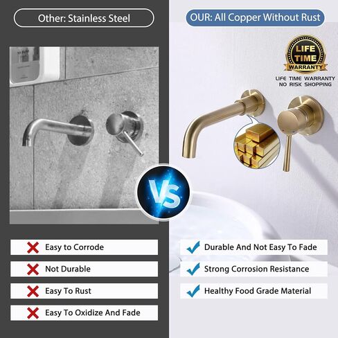 Wall Mount Bathroom Faucet Brushed Gold Bathroom Faucet Bathroom Sink Faucet with Single Handle and Rough in Valve Included in Saudi Arabia