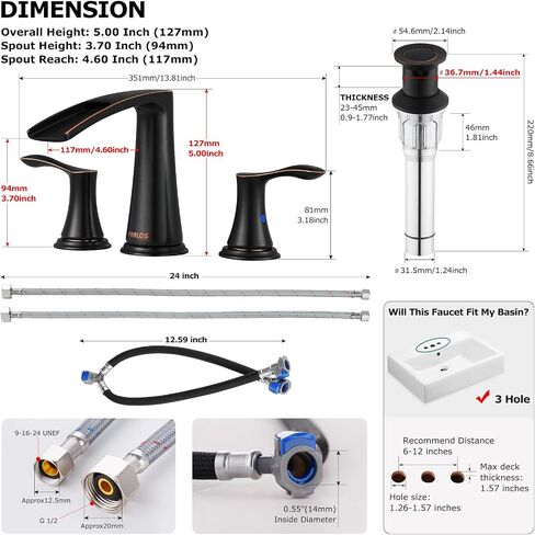 PARLOS Waterfall Widespread Bathroom Faucet Double Handles with Metal Pop Up Drain & cUPC Faucet Supply Lines, Oil Rubbed Bronze, Demeter 1431803 in Saudi Arabia
