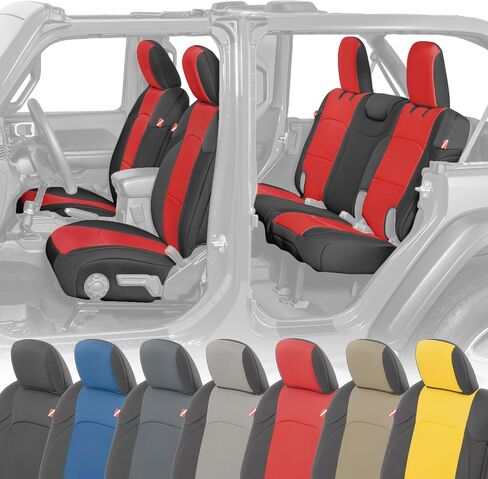 مجموعة غطاء مقعد Diver Down من النيوبرين - تناسب سيارة Jeep JL Unlimited ذات 4 أبواب 2018-2026 - مجموعة المقعد الأمامي والخلفي - ملاءمة مخصصة - ملمس وسادة مبطن ناعم (مع شعار جيب، فحمي، مع مسند للذراع) in Kuwait