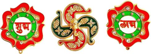 TrendBell Meenakri تصميم زهرة حمراء Diwali Shubh Labh مع ملصقات Swastikk Ganesha عنصر لديكور Diwali Indian Puja والزفاف والمهرجانات من الأكريليك Diwali Rangoli ديكور الأرضيات والمكتب in Kuwait